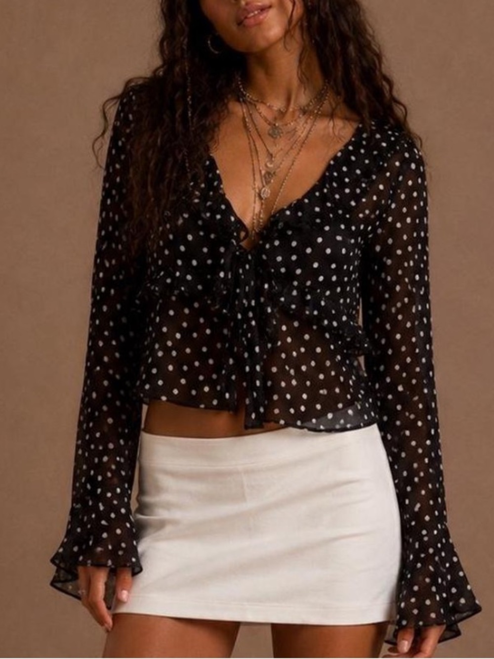 American Eagle Long Sleeve Ruffle Babydoll Blouse in Black Polka Dot sz Large